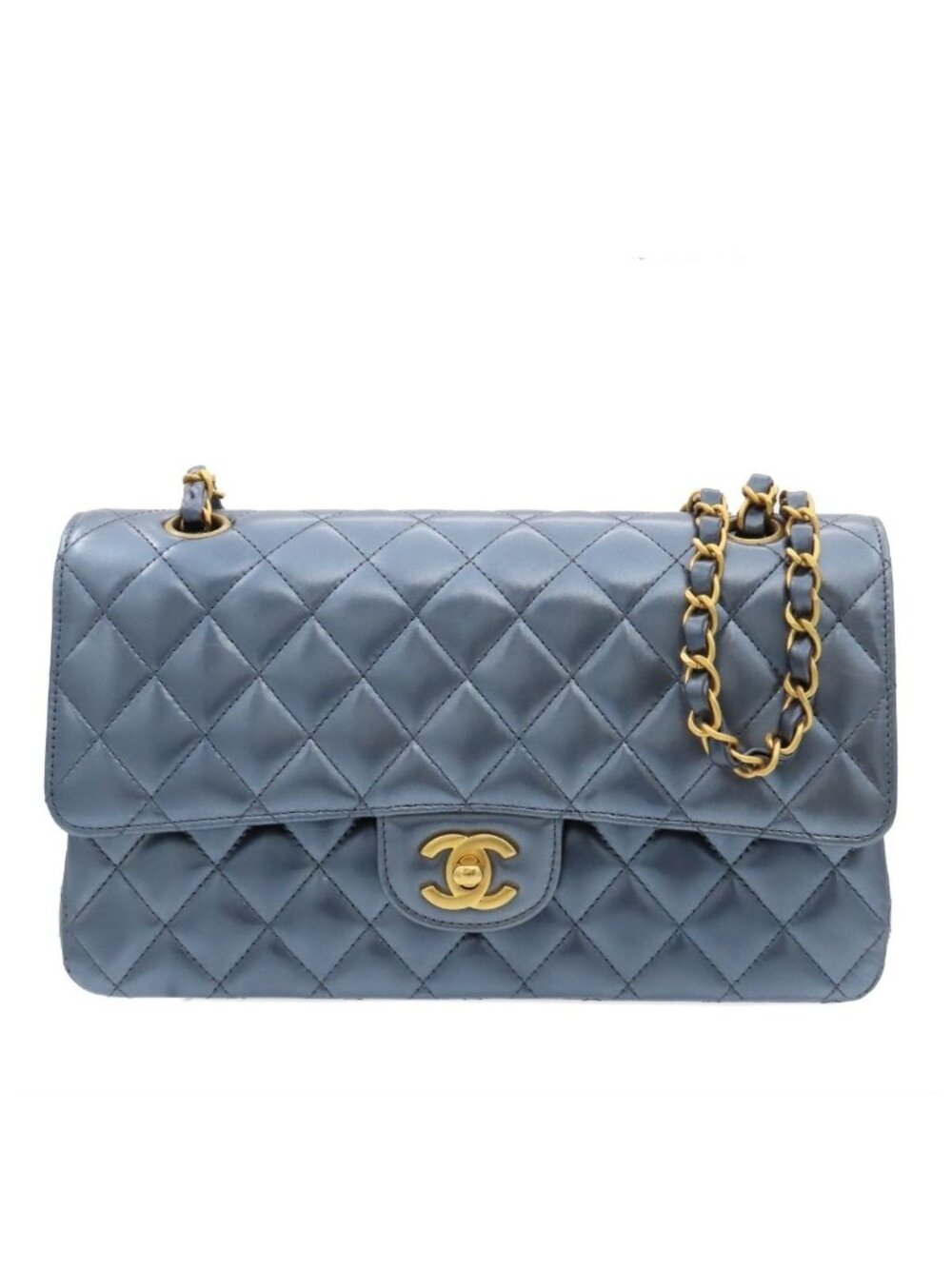 Chanel Shoulder Bag Metallic Blue Gold Calfskin Quilted 25 Double Flap Chain